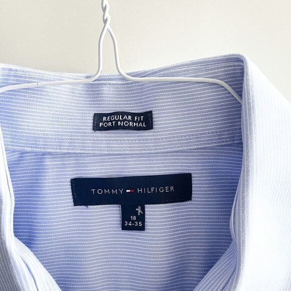 Tommy Hilfiger Mens Dress Shirt Regular Fit Button Long Sleeve Stripes Blue Sz18 - Picture 4 of 8